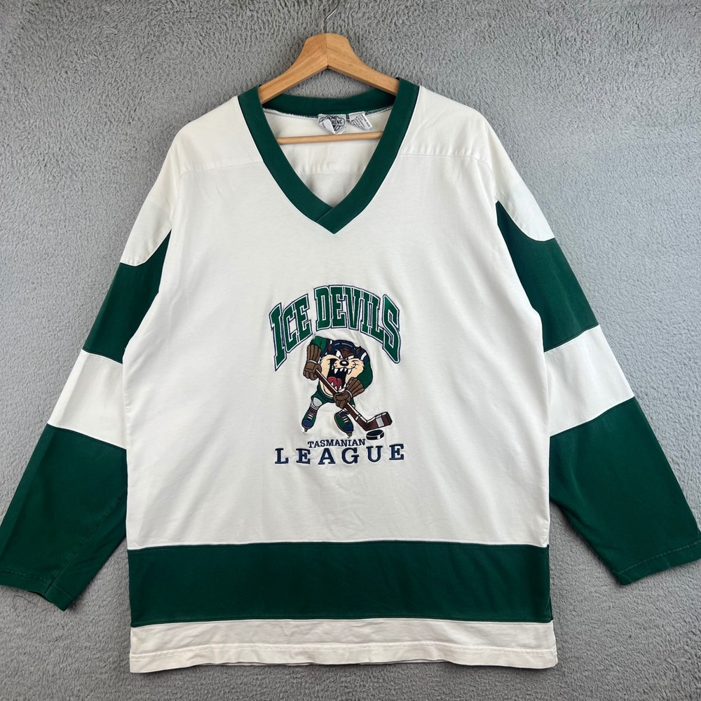 Vintage Acme Clothing Co Taz Ice Devils Hockey Jersey Shirt Mens L Green White